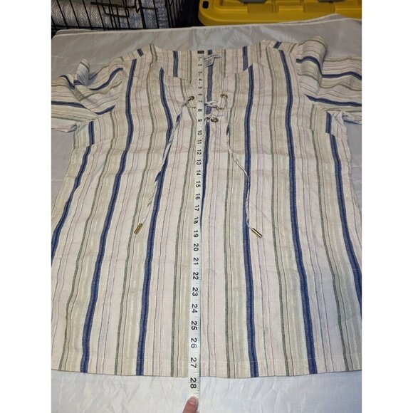 TOMMY BAHAMA Women's L Multicolor Metallic Striped Linen Blend Lace Up Tunic Top - Picture 12 of 14
